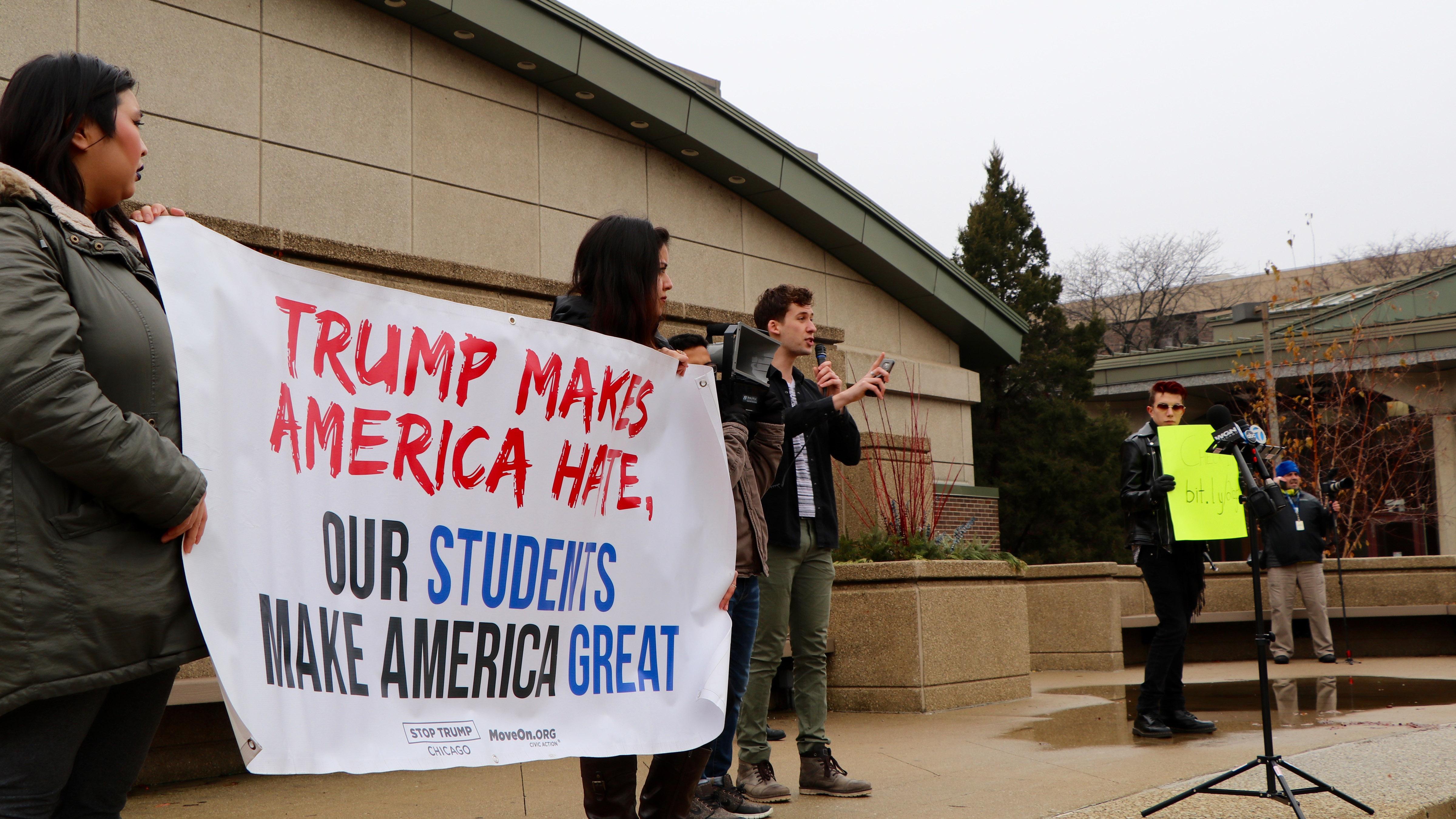 Records show that Chicago police used social media to monitor protests of President Donald Trump’s inauguration in January 2017. Here, University of Illinois at Chicago students protest Trump’s inauguration after walking out of class on Jan. 20, 2017. (Evan Garcia / Chicago Tonight)