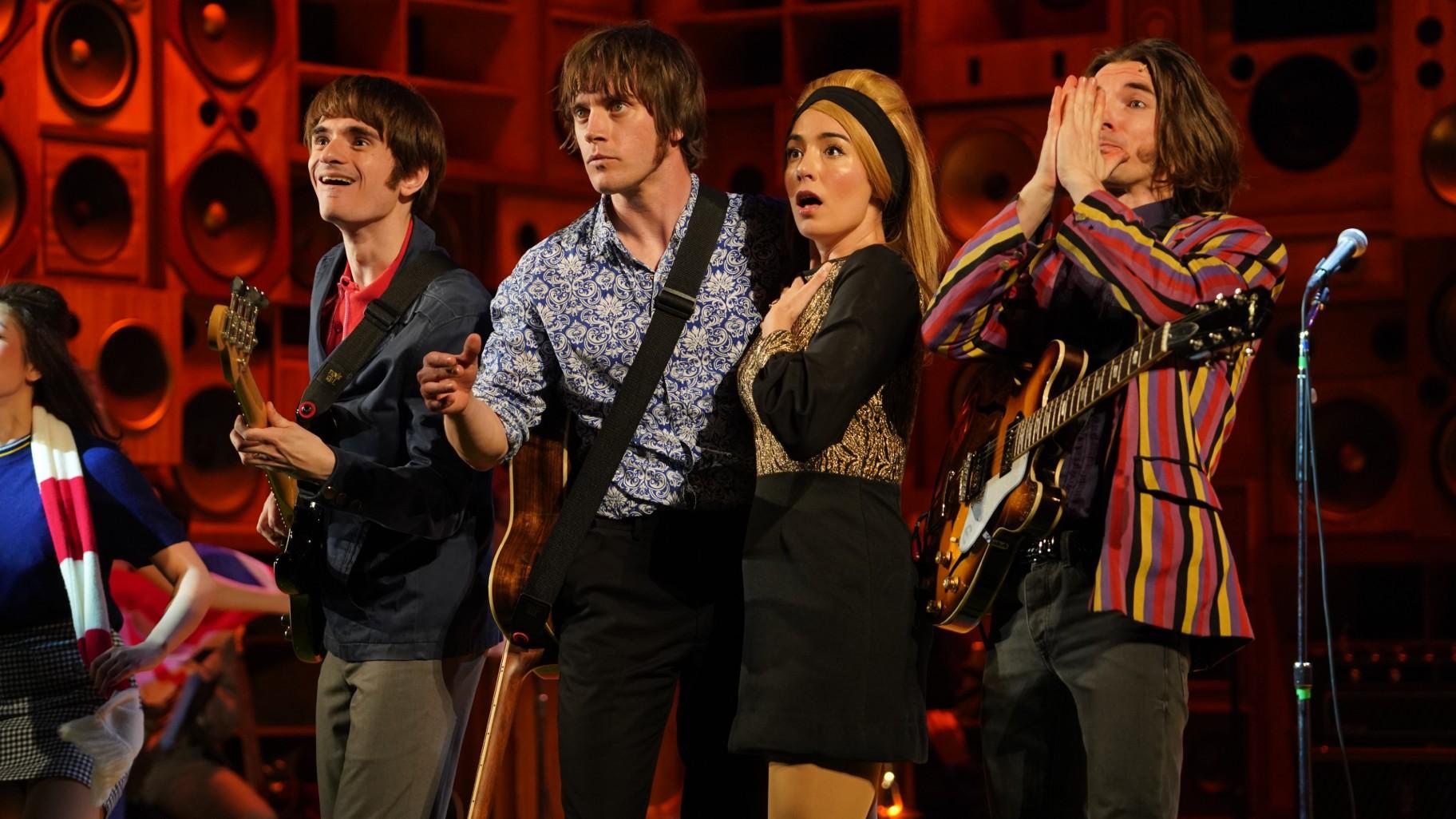 Danny Horn (Ray), Oliver Hoare (Dave), Ana Margaret Marcu (Rasa) and Michael Lepore (Peter) in Chicago Shakepeare’s “Sunny Afternoon,” the story of The Kinks. (Carol Rosegg)