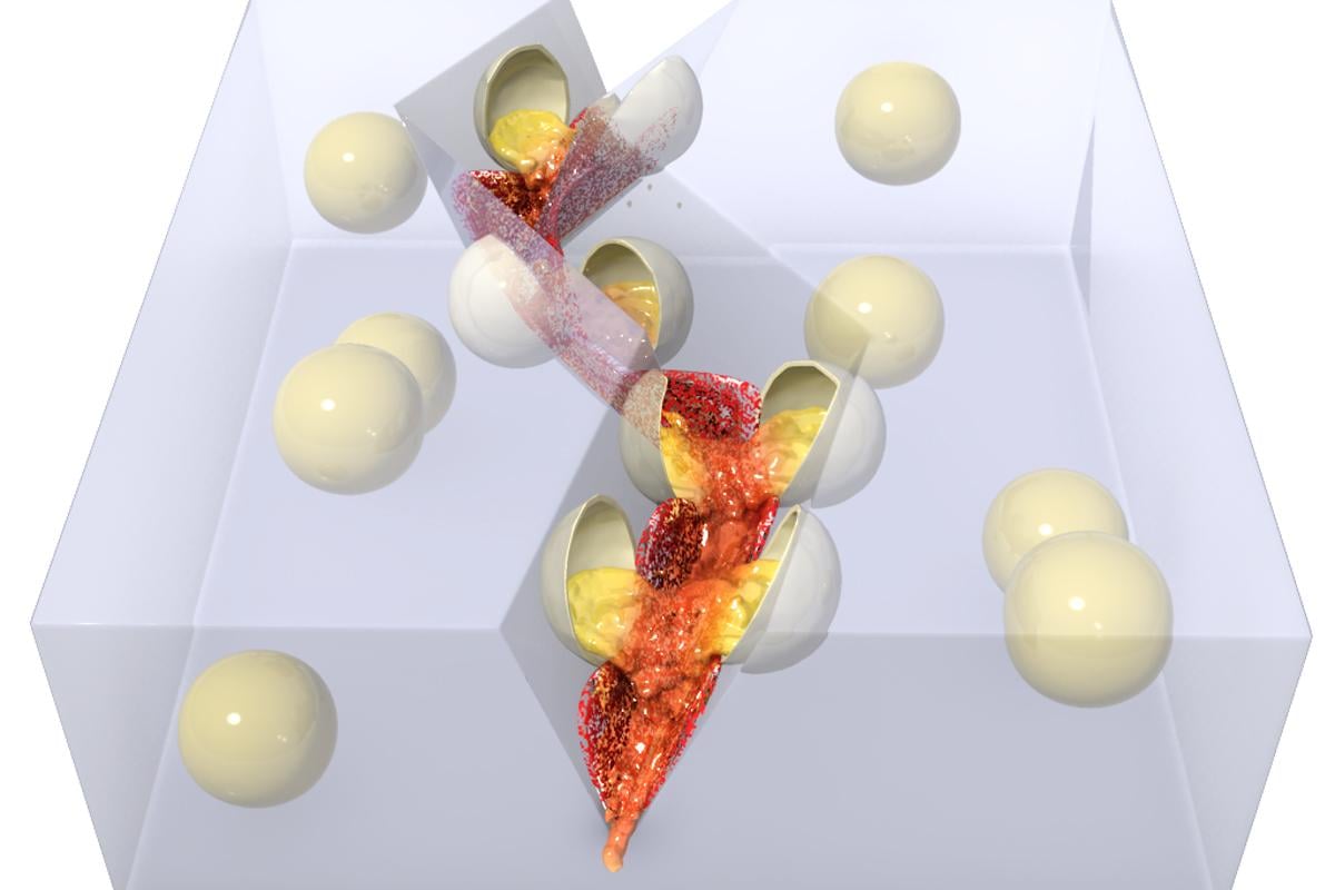 When cracks form, microbeads embedded in the material break open and cause a chemical reaction that highlights the damaged area. (Nancy Sottos)