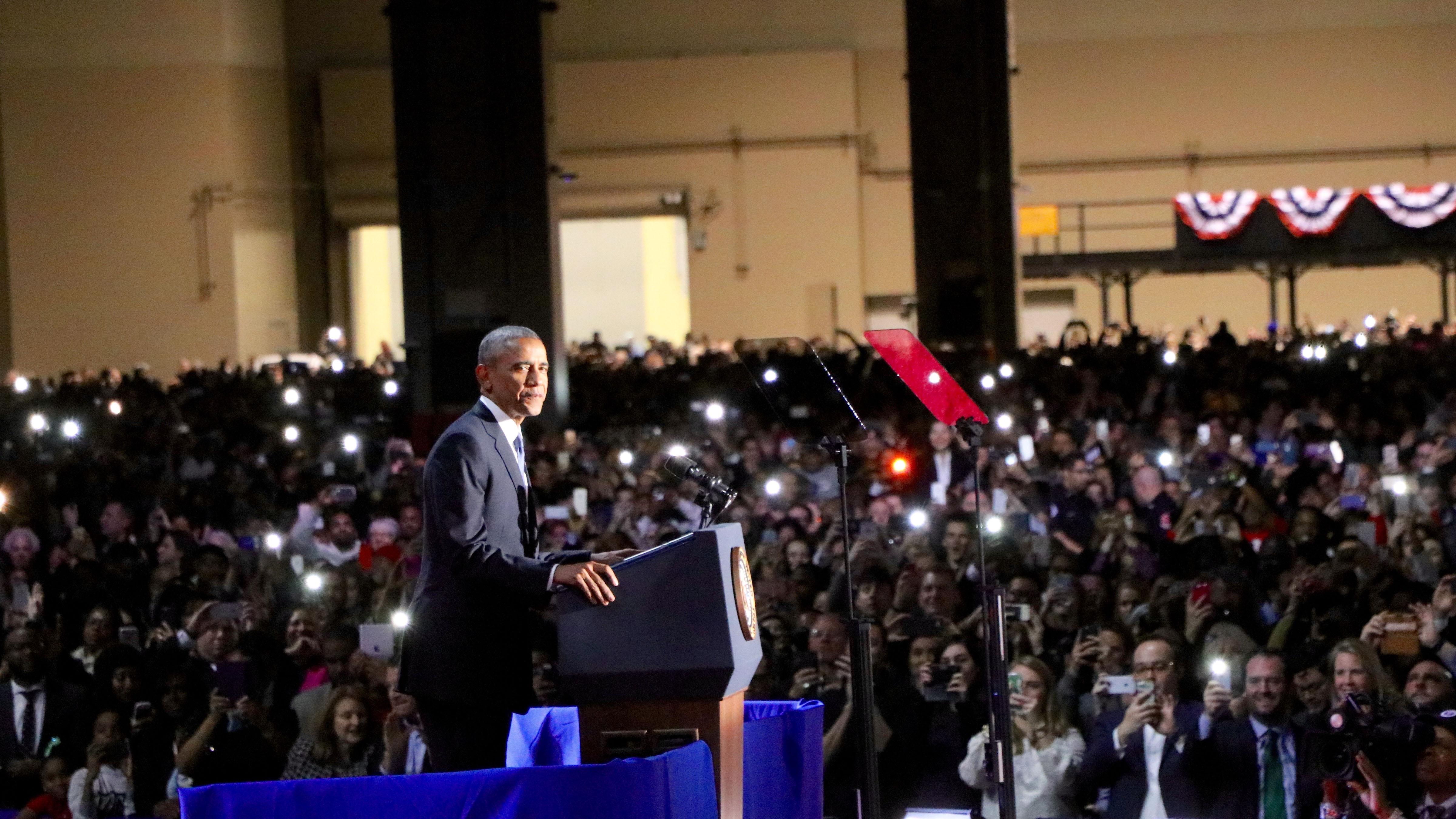 Obama stands before the podium at the start of his farewell speech. (Evan Garcia / Chicago Tonight)