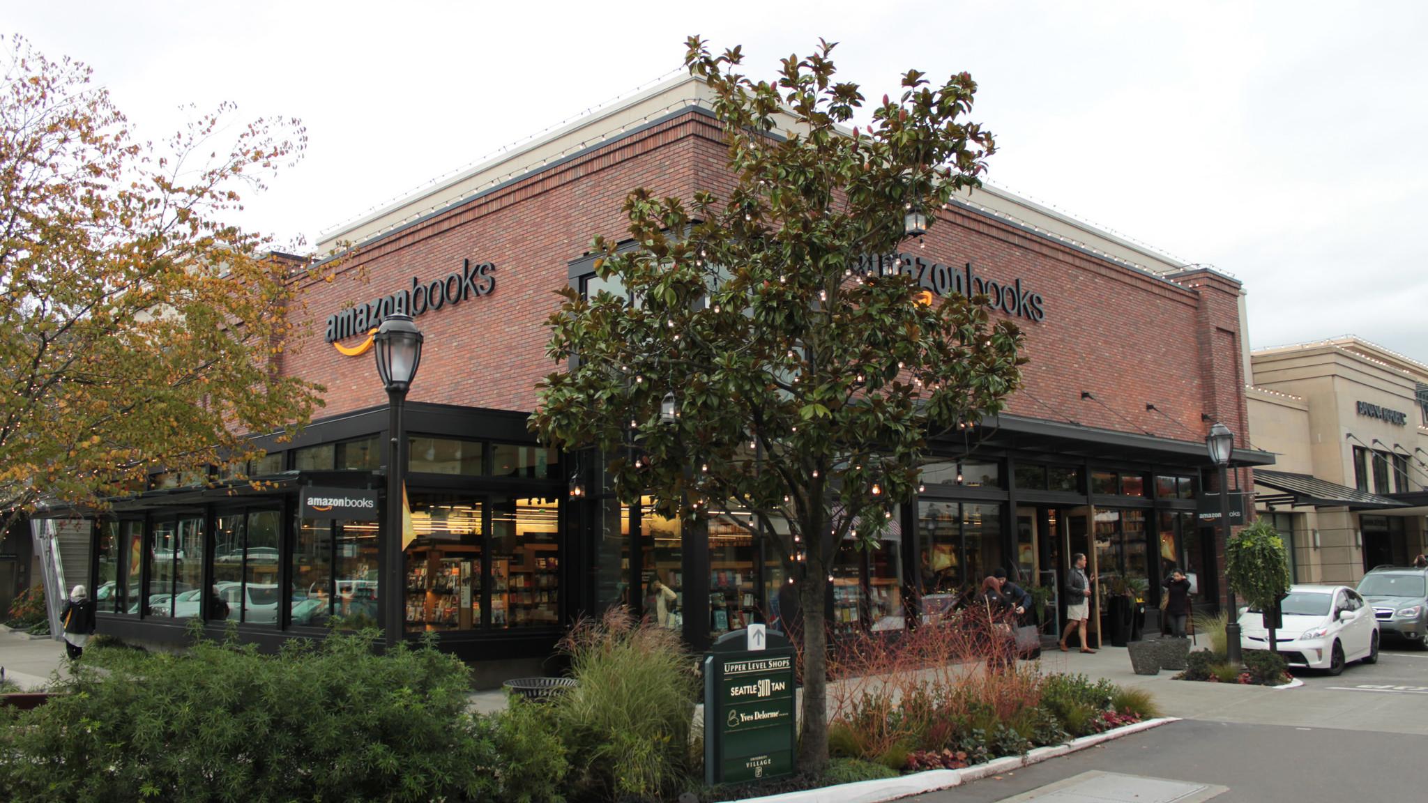 The Amazon Books retail store, the first physical outlet operated by online retailer Amazon.com, at the U Village shopping center in Seattle, Washington. (SounderBruce / Flickr)