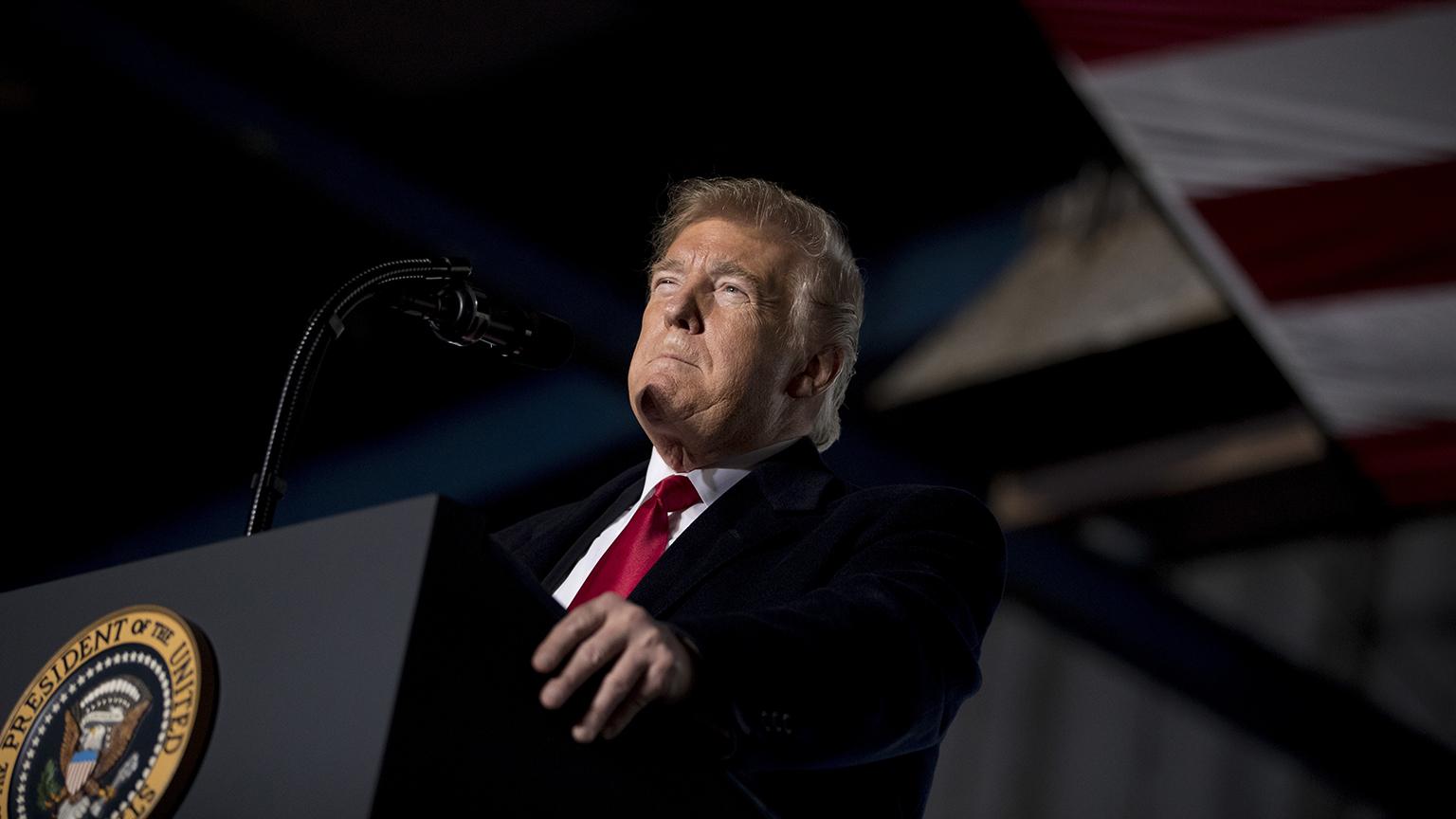 President Donald Trump pauses while speaking at a rally Saturday, Oct. 27, 2018 at Southern Illinois Airport in Murphysboro. (Andrew Harnik / AP Photo)