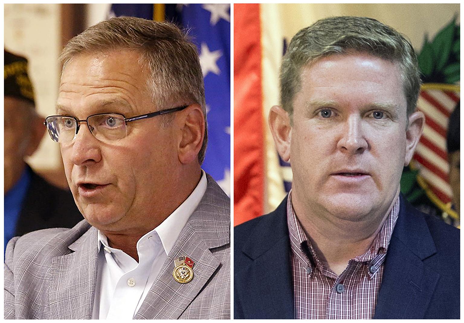 The candidates for Illinois’ 12th District seat in the November 2018 election, from left: incumbent GOP Rep. Mike Bost, of Murphysboro; and Democrat Brendan Kelly, of Swansea. (Belleville News-Democrat via AP)