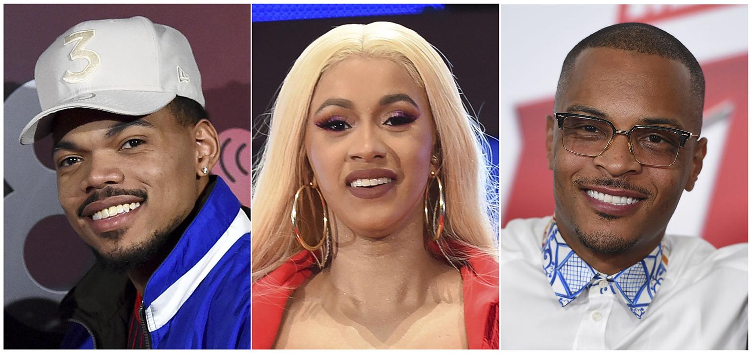 This combination photo shows rappers, from left, Chance the Rapper, Cardi B and T.I., who will work as judges in a new Netflix competition series looking for the next big hip-hop star. (AP Photo)