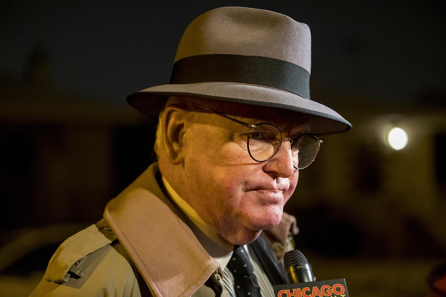 Ald. Ed Burke speaks to “Chicago Tonight” and other media after returning to his home on the Southwest Side on Thursday, Nov. 29, 2018. Earlier in the day, federal agents conducted a raid on his offices. (Brian Cassella / Chicago Tribune via AP)