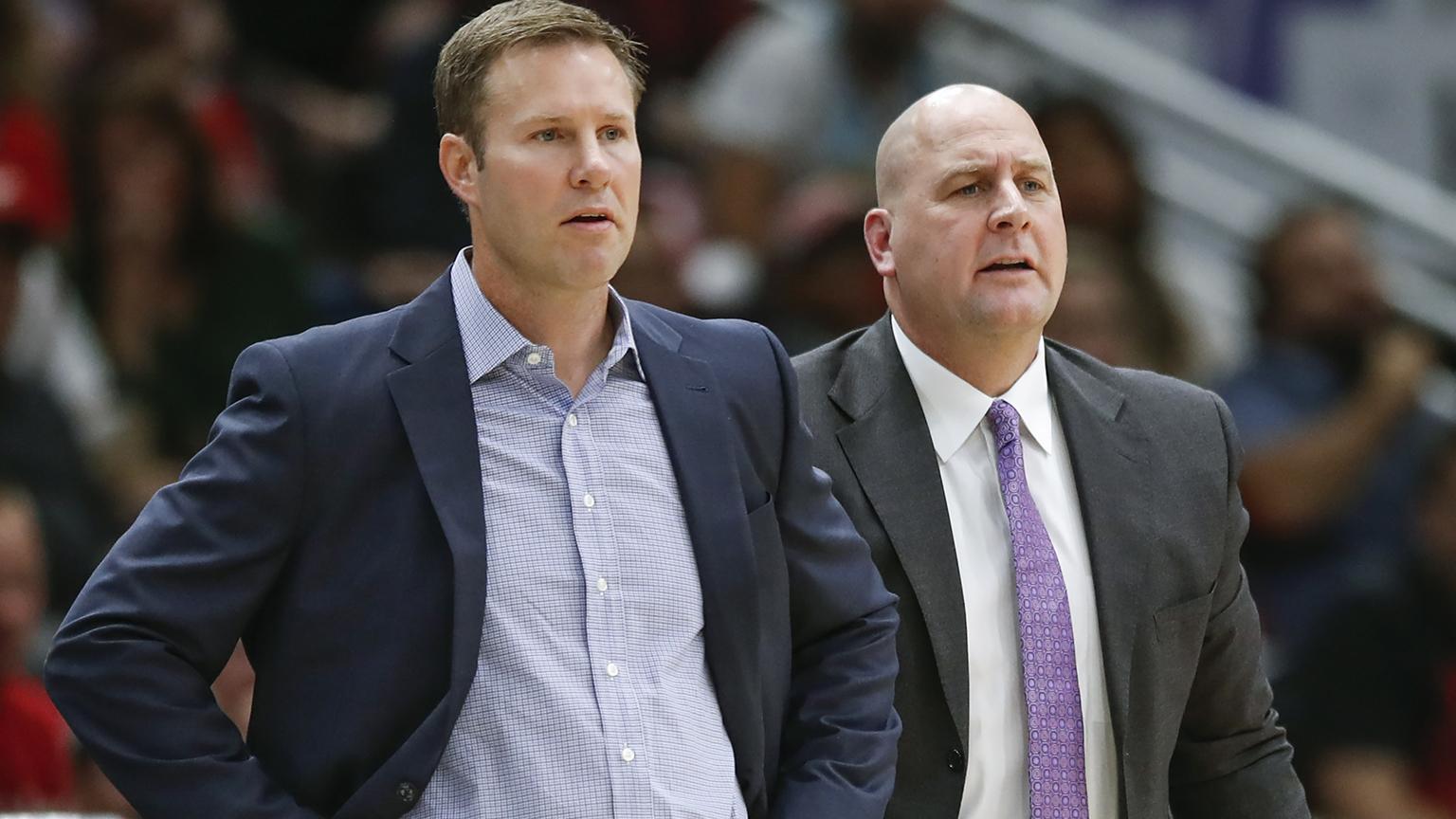 In this Oct. 21, 2017, file photo, Chicago Bulls head coach Fred Hoiberg, left, and his assistant Jim Boylen, right, look on from the sidelines during the first half of an NBA basketball game against the San Antonio Spurs. (Kamil Krzaczynski / AP File Photo)