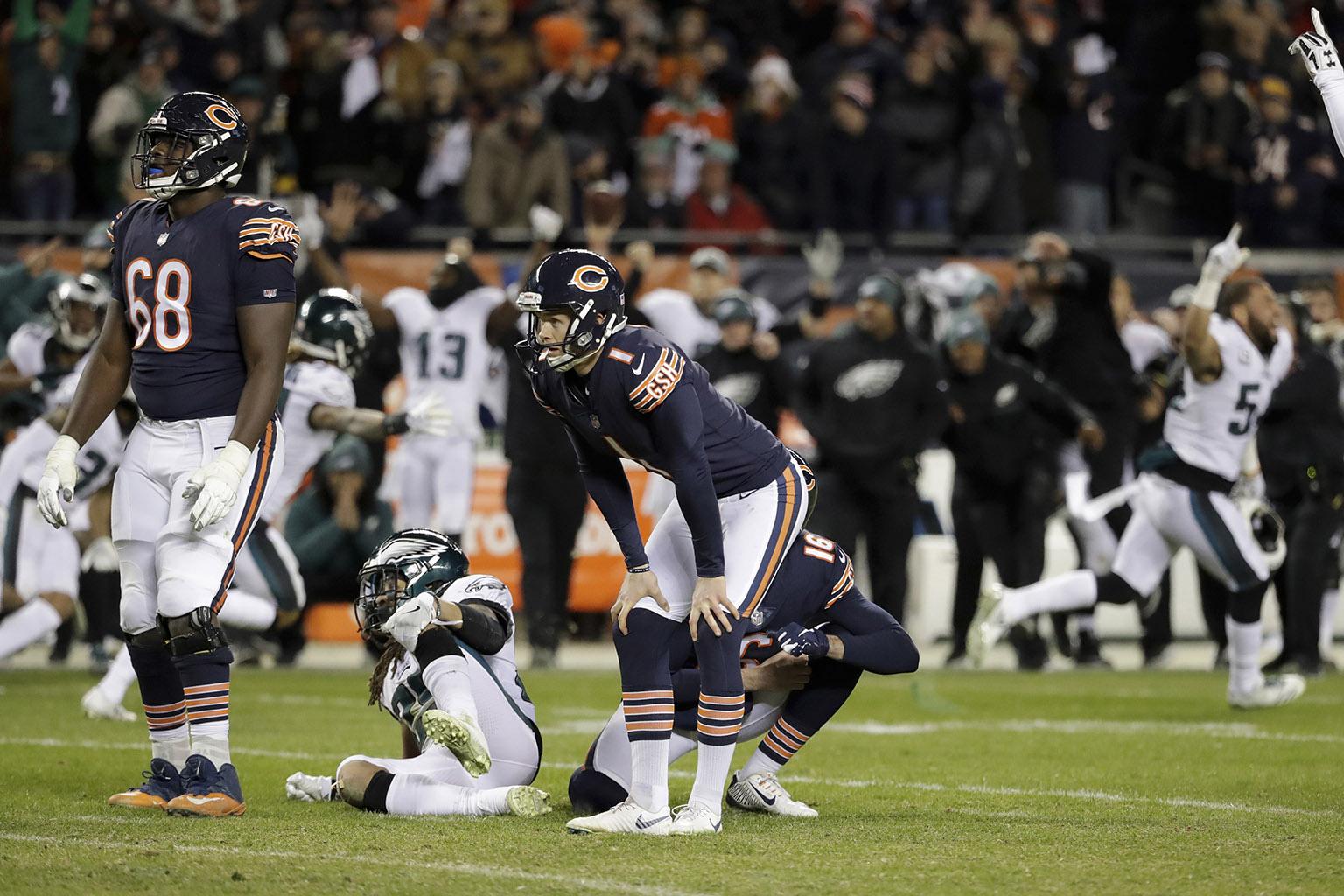 Chicago Bears kicker Cody Parkey (1) reacts after missing a field goal in the closing minute during the second half of an NFL wild-card playoff football game against the Philadelphia Eagles on Sunday, Jan. 6, 2019. (Nam Y. Huh / AP Photo)