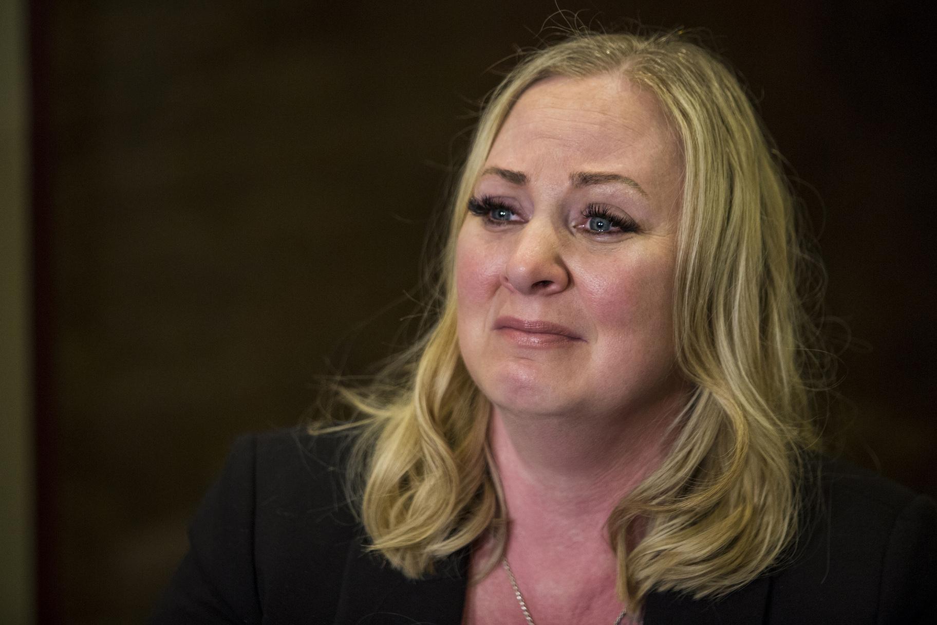 Tiffany Van Dyke, wife of former Chicago police Officer Jason Van Dyke, speaks during a news conference at attorney Daniel Herbert’s office in Chicago on Thursday, Feb. 14, 2019. (Ashlee Rezin / Chicago Sun-Times via AP)