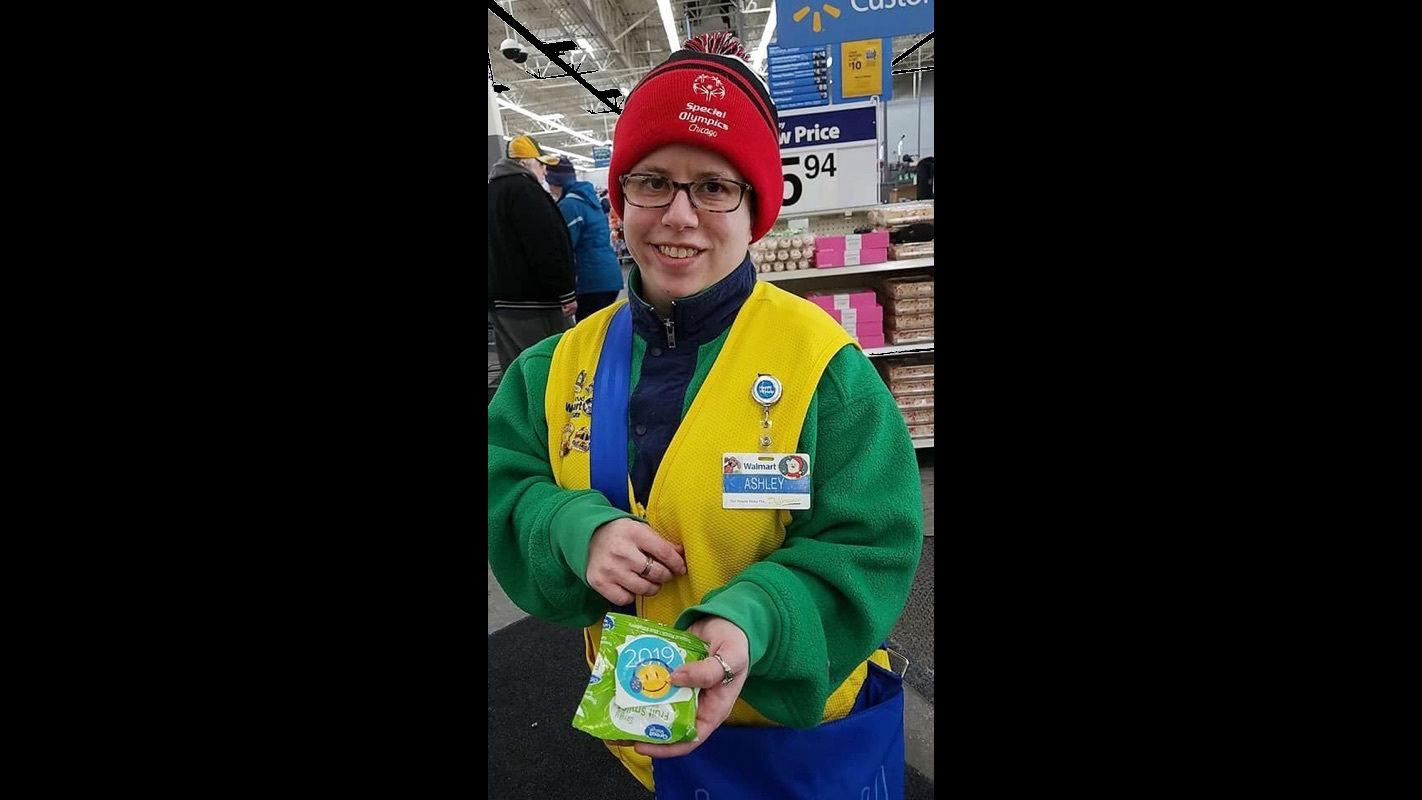 In this Feb. 21, 2019 photo provided by Tamara Ambrose, Ashley Powell poses for a photo at a Walmart store in Galena, Ill. (Tamara Ambrose via AP)