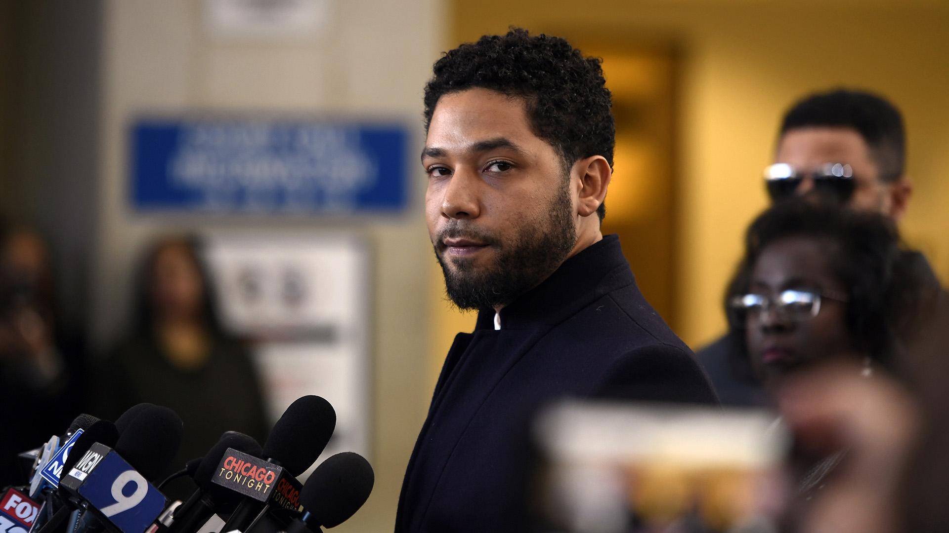Actor Jussie Smollett talks to the media before leaving Cook County Court after his charges were dropped, Tuesday, March 26, 2019. (AP Photo / Paul Beaty)