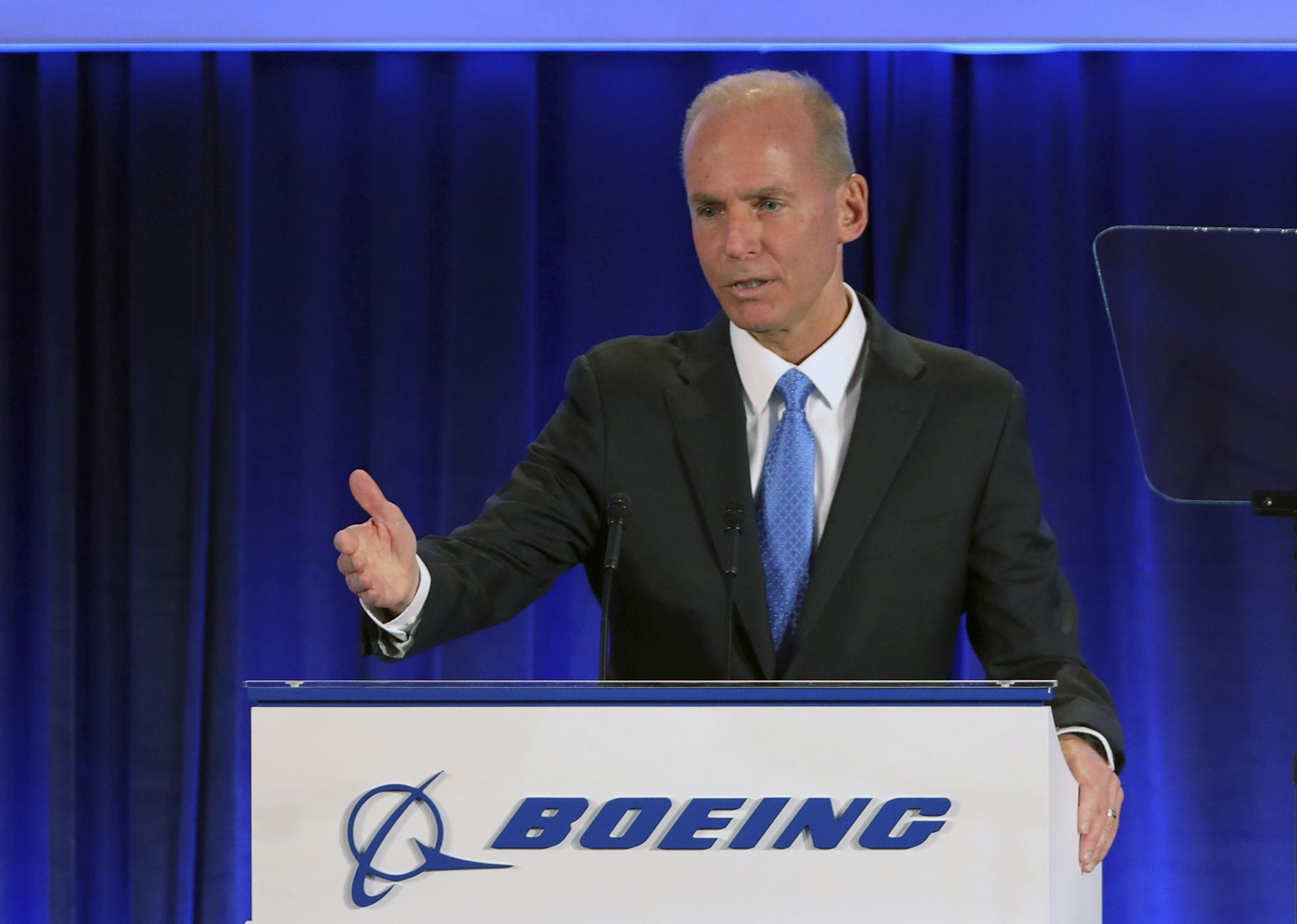 Boeing Chief Executive Officer Dennis Muilenburg speaks Monday, April 29, 2019 at the Boeing Annual General Meeting in Chicago. (John Gress / Reuters via AP, Pool)