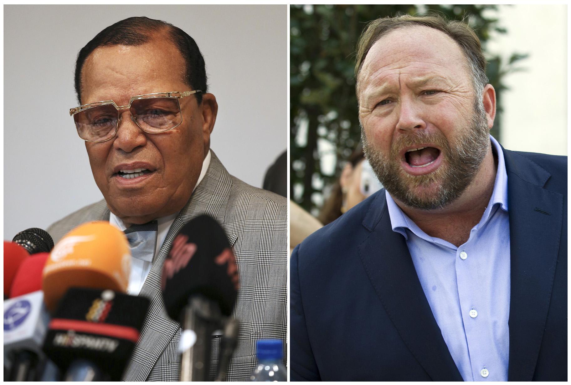 This combination of file photo shows minister Louis Farrakhan, the leader of the Nation of Islam, in Tehran, Iran, on Nov. 8, 2018, left, and conspiracy theorist Alex Jones in Washington on Sept. 5, 2018, right. (AP Photo)
