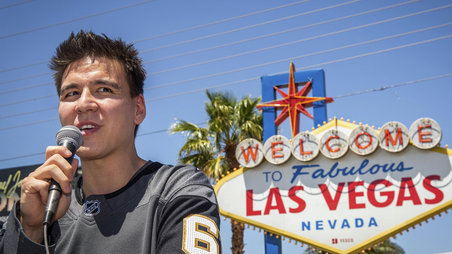 In this May 2, 2019, file photo, “Jeopardy!” sensation James Holzhauer speaks after being presented with a key to the Las Vegas Strip in front of the Welcome to Fabulous Las Vegas sign in Las Vegas. (Caroline Brehman / Las Vegas Review-Journal via AP, File)