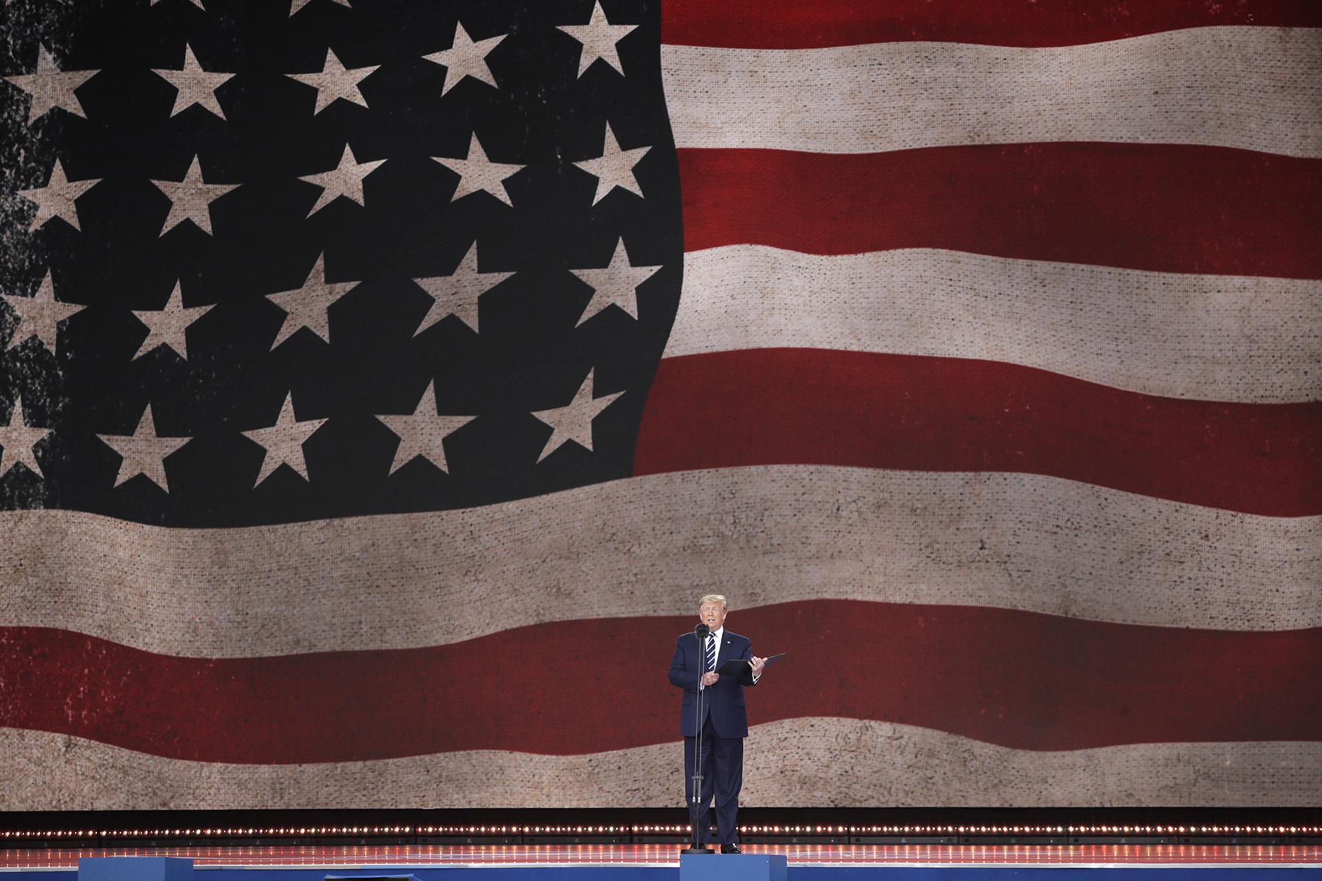 President Donald Trump speaks during an event to mark the 75th anniversary of D-Day in Portsmouth, England Wednesday, June 5, 2019. (AP Photo / Matt Dunham)