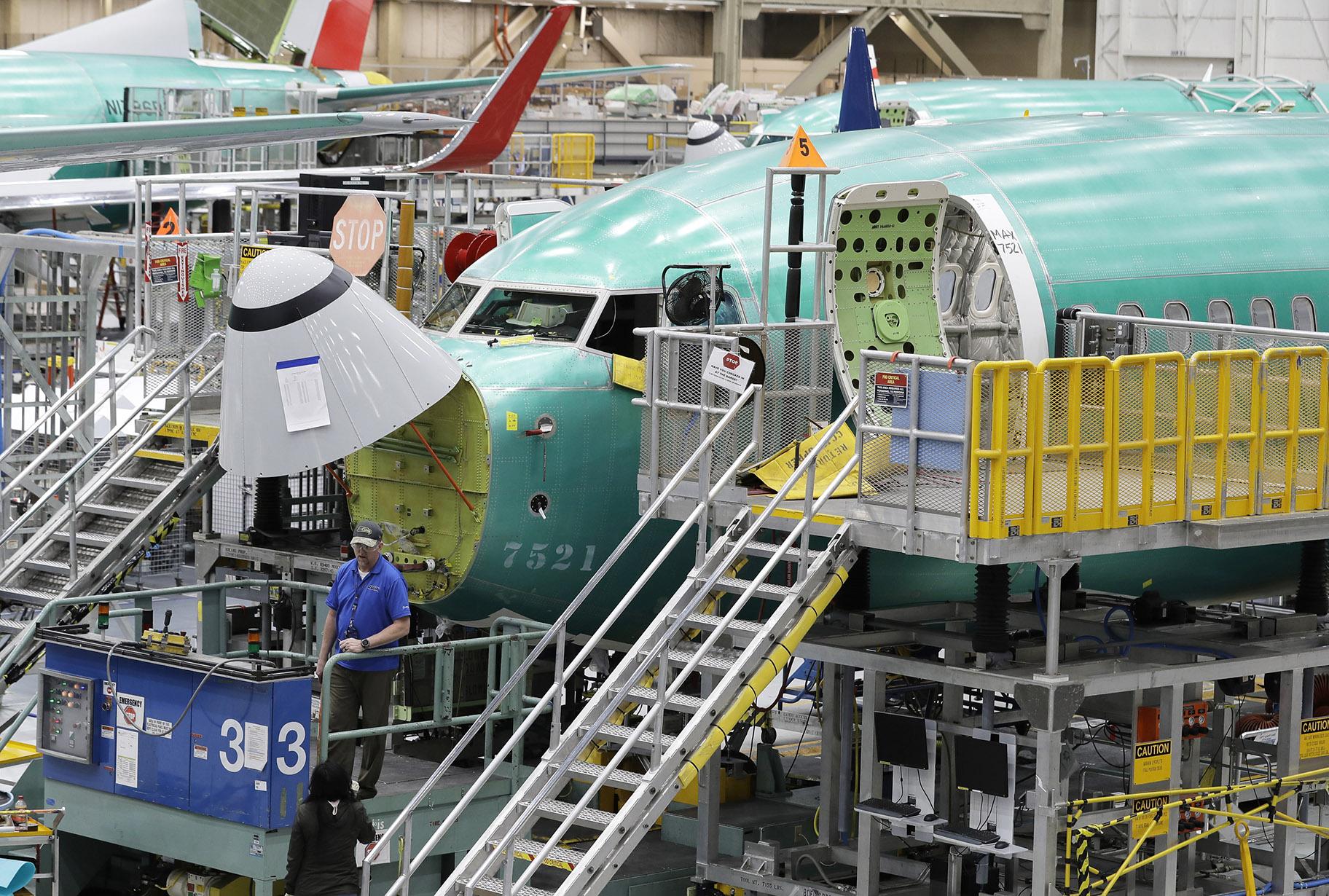 In this March 27, 2019, file photo, a Boeing 737 MAX 8 airplane is shown on the assembly line during a brief media tour of Boeing’s 737 assembly facility in Renton, Washington. (AP Photo / Ted S. Warren, File)