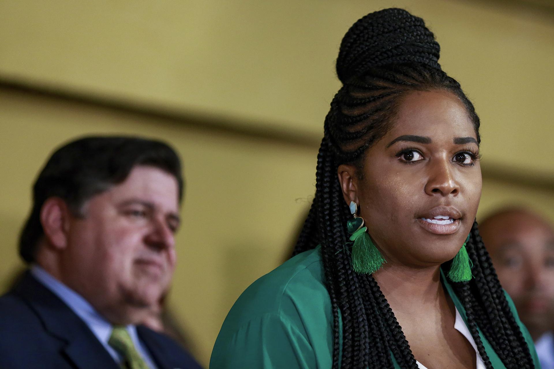 State Rep. Jehan Gordon-Booth, D-Peoria speaks during a news conference before Gov. J. B. Pritzker signs a bill that legalizes adult-use cannabis in the state of Illinois at Sankofa Cultural Arts and Business Center, Tuesday, June 25, 2019, in Chicago. (AP Photo / Amr Alfiky)