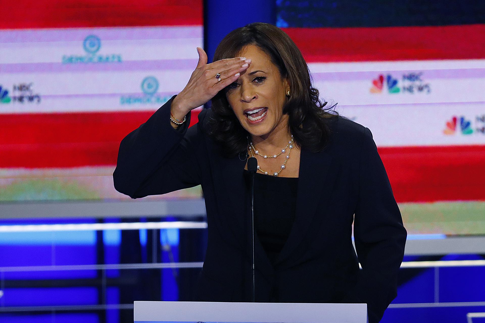 In this June 27, 2019, photo, Democratic presidential candidate Sen. Kamala Harris, D-California, gestures during the Democratic primary debate hosted by NBC News at the Adrienne Arsht Center for the Performing Arts in Miami. (AP Photo / Wilfredo Lee)