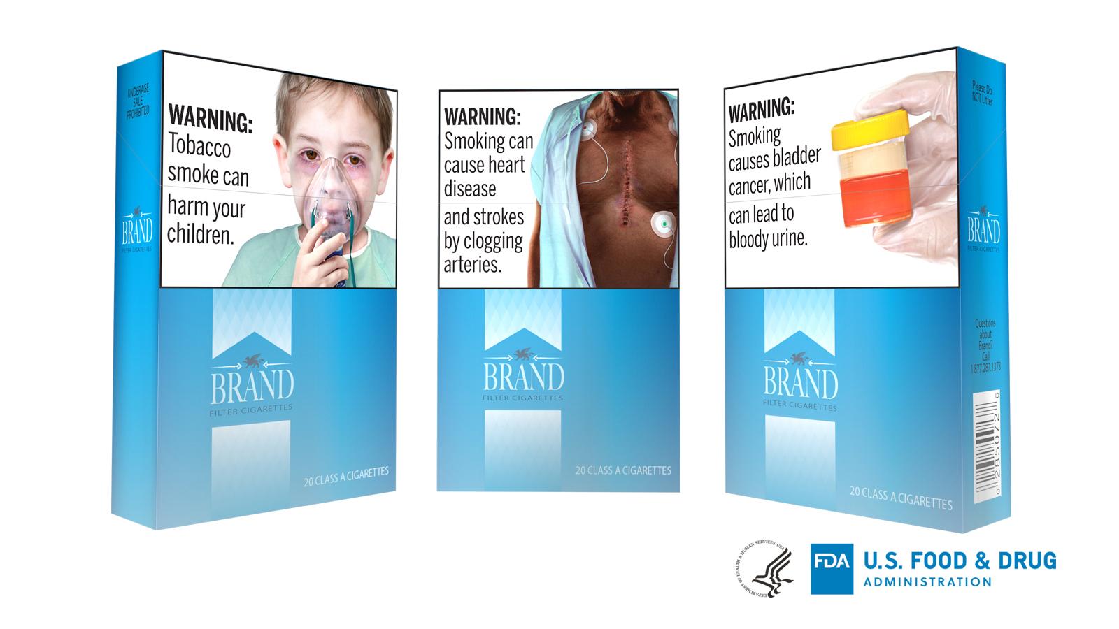 This undated image provided by the U.S. Food and Drug Administration shows proposed graphic warnings that would appear on cigarettes. The Food and Drug Administration on Thursday, Aug. 15, 2019, proposed 13 new large, graphic warnings that would appear on all cigarettes, including images of cancerous tumors, diseased lungs and bloody urine. (FDA via AP)