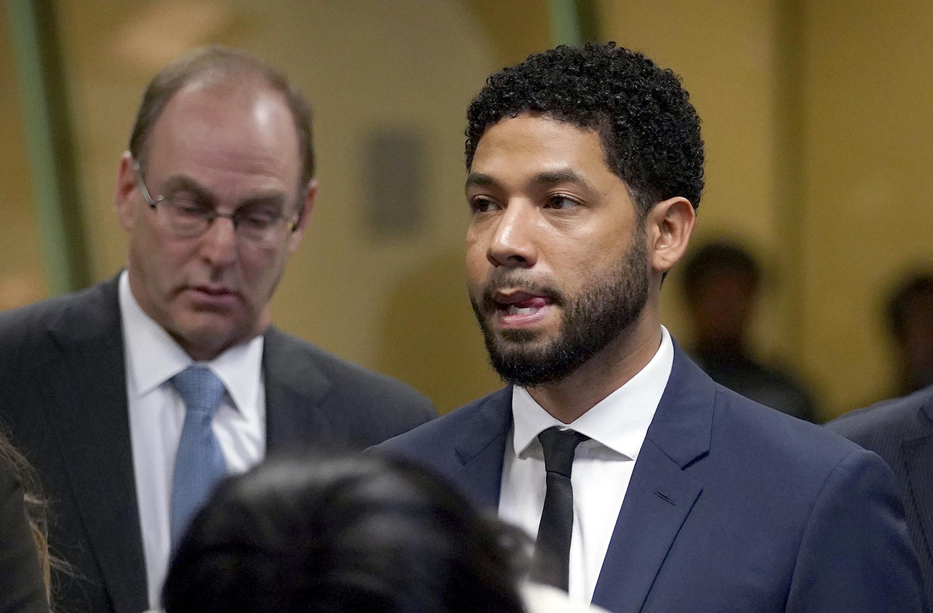 In this March 14, 2019 file photo, “Empire” actor Jussie Smollett, stands before Cook County Circuit Court Judge Steven Watkins where he pled not guilty at the Leighton Criminal Court Building, in Chicago.  (E. Jason Wambsgans / Chicago Tribune via AP, Pool)