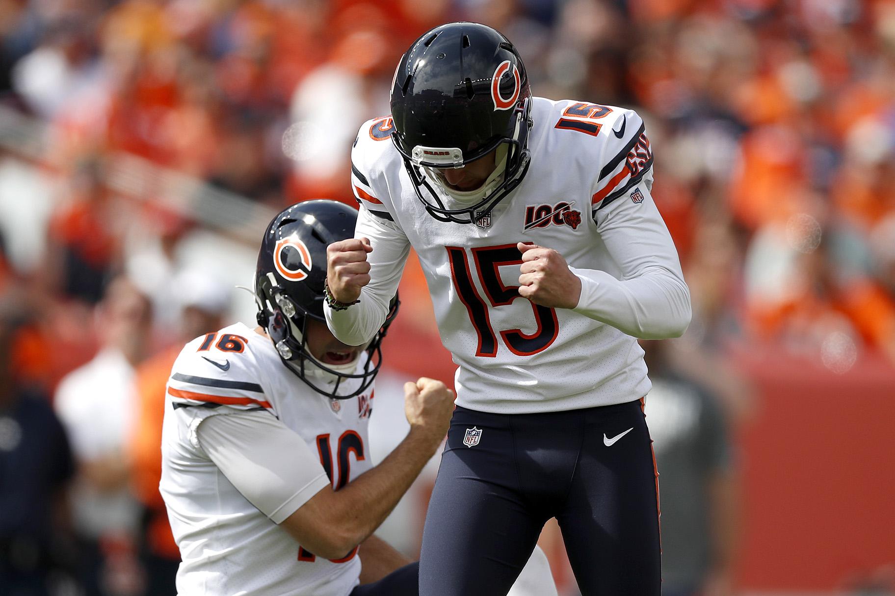 Chicago Bears kicker Eddy Pineiro (15) celebrates his field goal with punter Pat O’Donnell (16) during the first half of an NFL football game against the Denver Broncos, Sunday, Sept. 15, 2019, in Denver. (AP Photo / David Zalubowski)