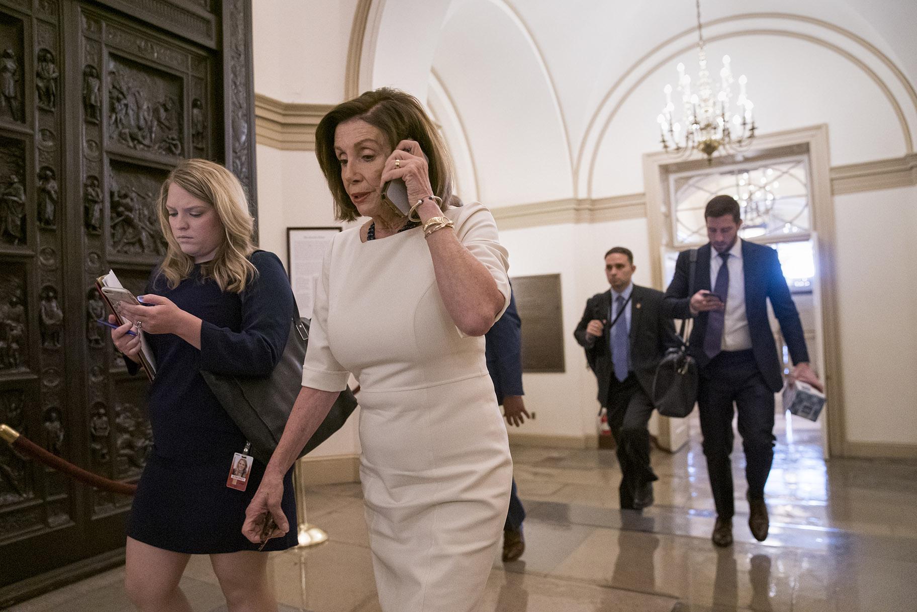 Speaker of the House Nancy Pelosi, D-Calif., arrives at the Capitol in Washington, Thursday, Sept. 26, 2019, just as Acting Director of National Intelligence Joseph Maguire is set to speak publicly for the first time about a secret whistleblower complaint involving President Donald Trump. (AP Photo / J. Scott Applewhite)