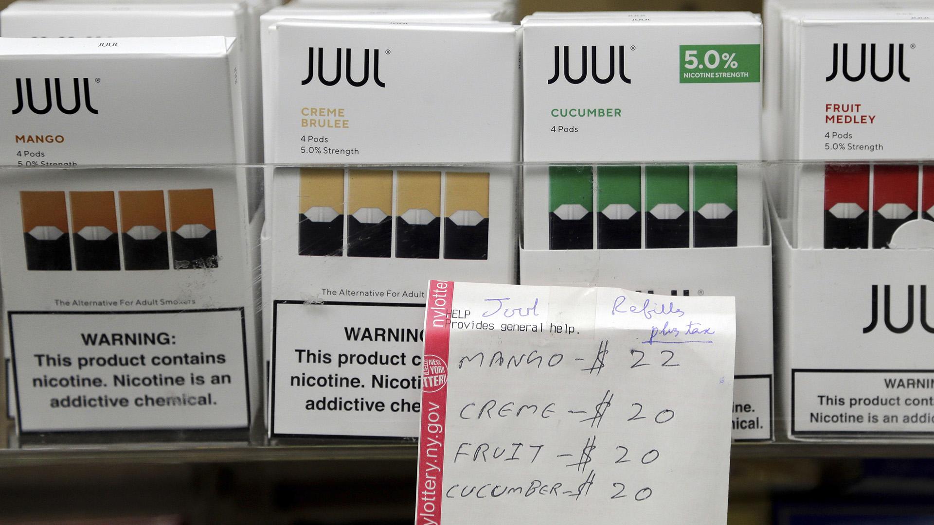 In this Thursday, Dec. 20, 2018 file photo, Juul products are displayed at a smoke shop in New York. (AP Photo / Seth Wenig)