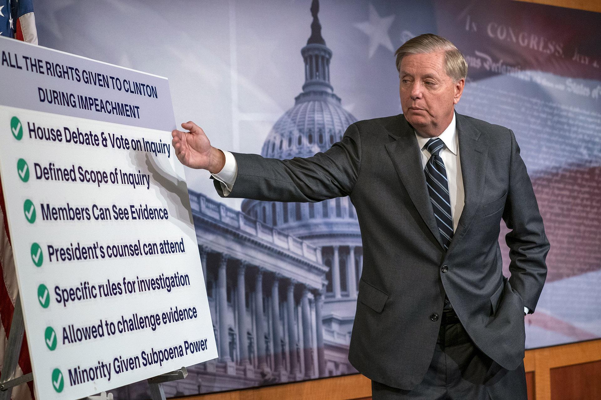 Sen. Lindsey Graham, R-S.C., speaks about a resolution he says he will introduce condemning the Democratic-controlled House for pursuing a “closed door, illegitimate impeachment inquiry,” during a news conference at the Capitol in Washington, Thursday, Oct. 24, 2019. (AP Photo / J. Scott Applewhite)