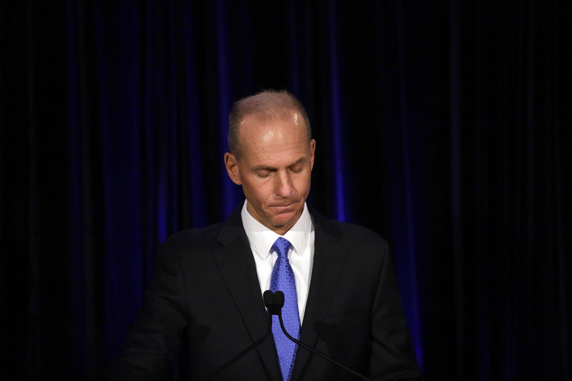 In this April 29, 2019, file pool photo Boeing Chief Executive Dennis Muilenburg speaks at a news conference after company’s annual shareholders meeting at the Field Museum in Chicago. (Joshua Lott / The Washington Post via AP, Pool, File)