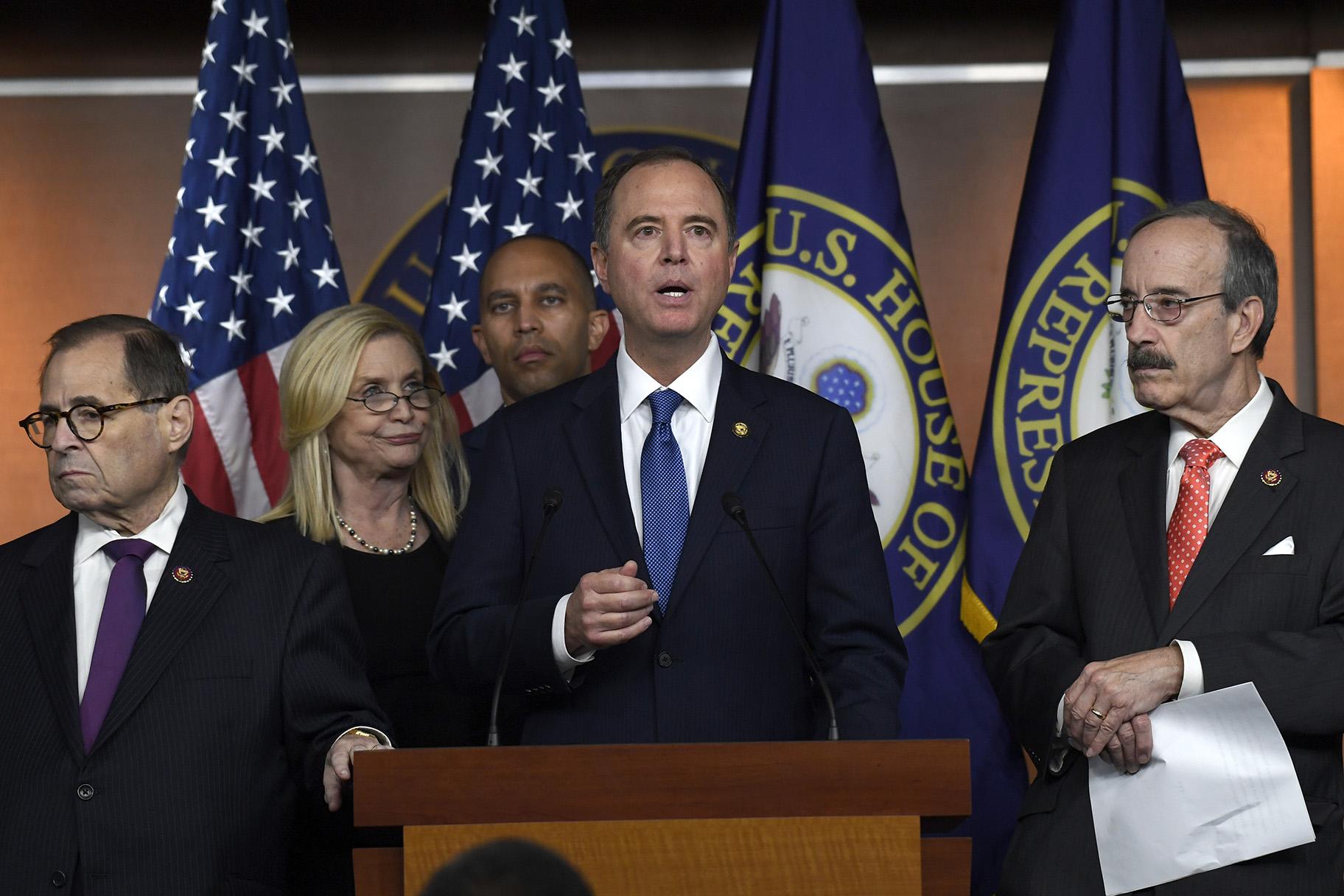 House Intelligence Committee Chairman Adam Schiff, D-Calif., second from right, speaks during a news conference on Capitol Hill in Washington, Thursday, Oct. 31, 2019. Schiff is joined by, from left, House Judiciary Committee Chairman Jerrold Nadler, D-N.Y., House Oversight and Government Reform Committee acting chair Carolyn Maloney, D-N.Y., House Democratic Caucus Chairman Hakeem Jeffries, D-N.Y., and House Foreign Affairs Committee Chairman Eliot Engel, D-N.Y. (AP Photo / Susan Walsh)