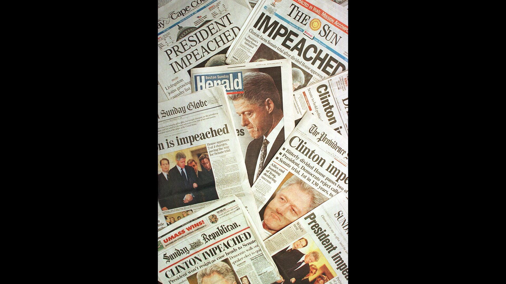 This is a photo montage showing the Sunday, Dec. 20, 1998 editions of newspapers from Massachusetts and Rhode Island with headlines of President Clinton’s impeachment. The newpapers shown are: The Patriot Ledger, The Sun, Cape Cod Times, Boston Herald, The Boston Globe, The Metrowest Daily News, Sunday Republican, The Providence Journal and Sunday Telegram. (AP Photo / Peter Lennihan)