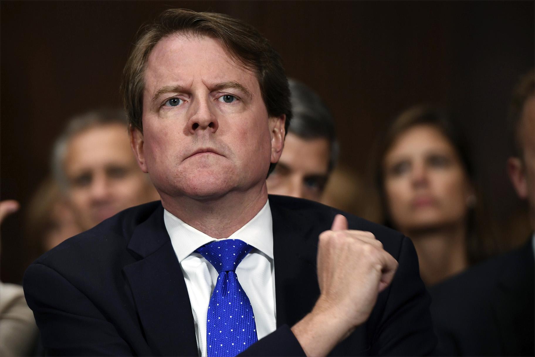 In this Sept. 27, 2018, file photo, then-White House counsel Don McGahn listens as Supreme Court nominee Brett Kavanaugh testifies before the Senate Judiciary Committee on Capitol Hill in Washington. (Saul Loeb / Pool Photo via AP, File)