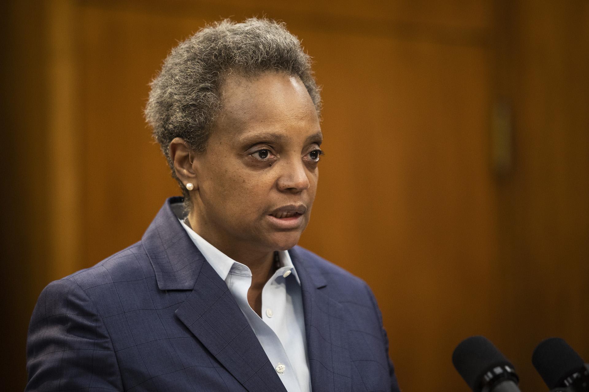 Mayor Lori Lightfoot speaks during a press conference at City Hall to announce the firing of Chicago Police Supt. Eddie Johnson, Monday morning, Dec. 2, 2019. (Ashlee Rezin Garcia / Chicago Sun-Times via AP)