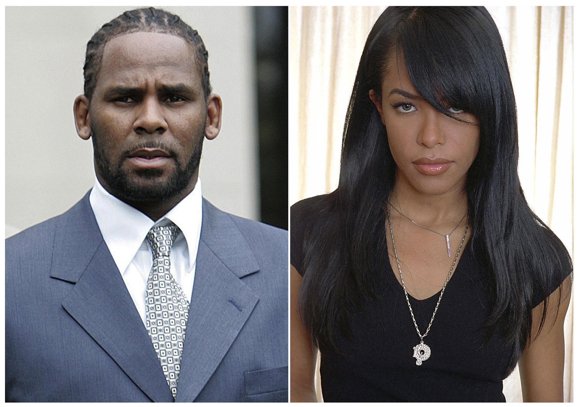 This combination photo shows singer R. Kelly after the first day of jury selection in his child pornography trial at the Cook County Criminal Courthouse in Chicago on May 9, 2008, left, the late R&B singer and actress Aaliyah during a photo shoot in New York on May 9, 2001. (AP Photo / File)