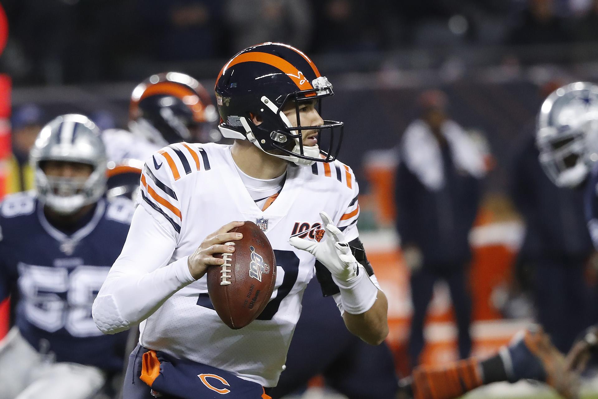 Chicago Bears quarterback Mitchell Trubisky (10) throws during the first half of an NFL football game against the Dallas Cowboys, Thursday, Dec. 5, 2019, in Chicago. (AP Photo / Charles Rex Arbogast)