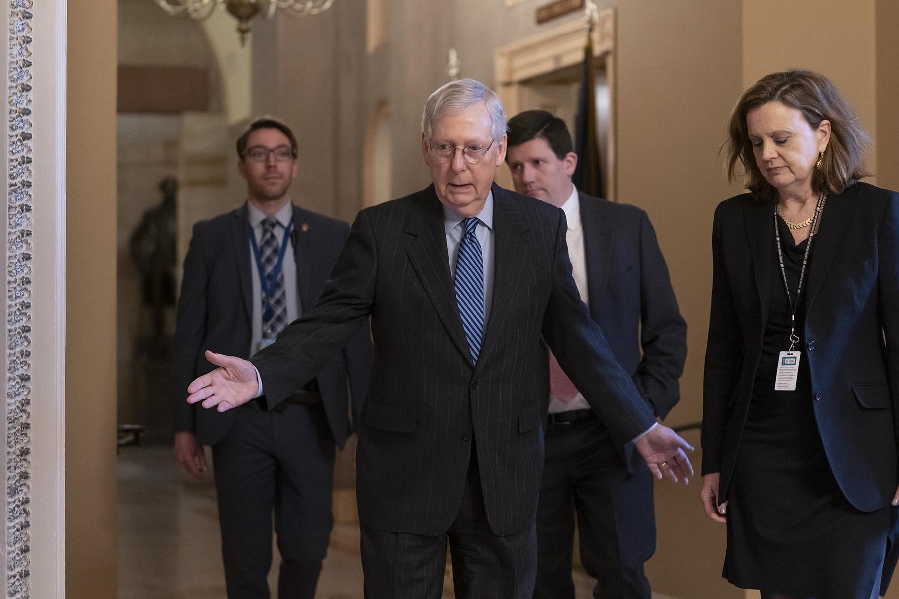 Senate Majority Leader Mitch McConnell, R-Ky., arrives for a closed meeting with fellow Republicans as he strategizes about the looming impeachment trial of President Donald Trump, at the Capitol in Washington, Tuesday, Jan. 7, 2020. (AP Photo / J. Scott Applewhite)