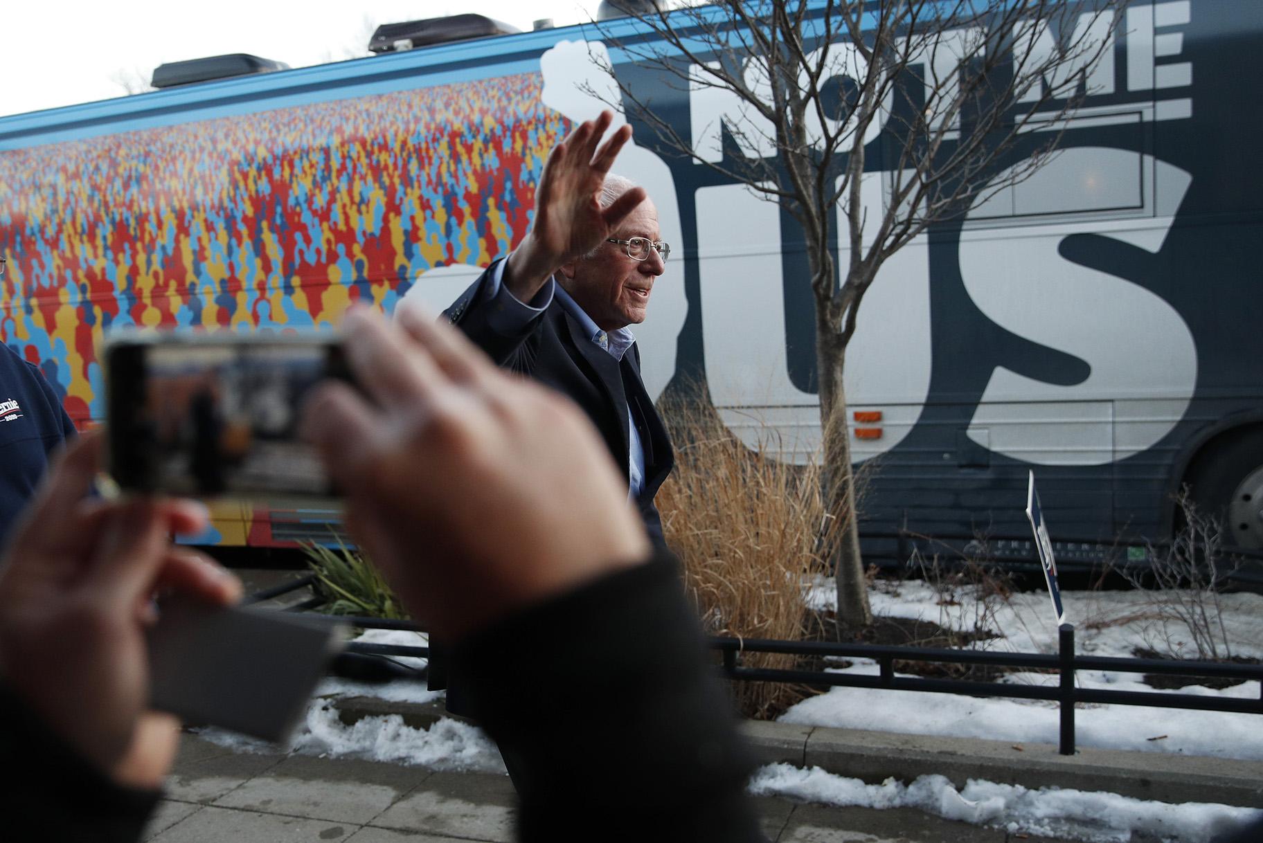 Democratic presidential candidate Sen. Bernie Sanders, I-Vt., waves as he leaves after speaking at a Super Bowl watch party campaign event, Sunday, Feb. 2, 2020, in Des Moines, Iowa. (AP Photo / John Locher)