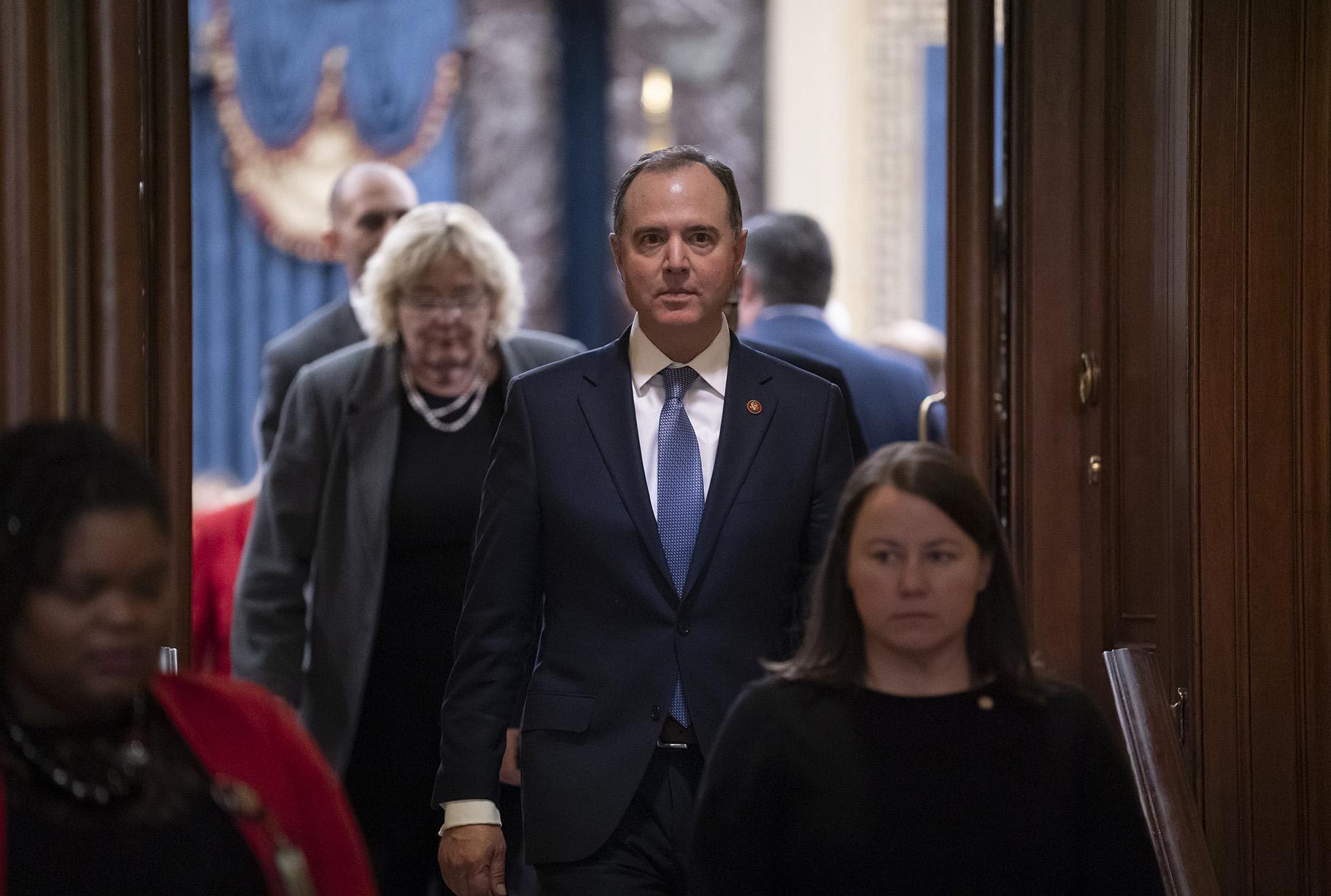 House Democratic impeachment manager, Intelligence Committee Chairman Adam Schiff, D-Calif., leaves the Senate chamber after the acquittal of President Donald Trump on charges of abuse of power and obstruction of Congress, at the Capitol in Washington, Wednesday, Feb. 5, 2020. (AP Photo / J. Scott Applewhite)