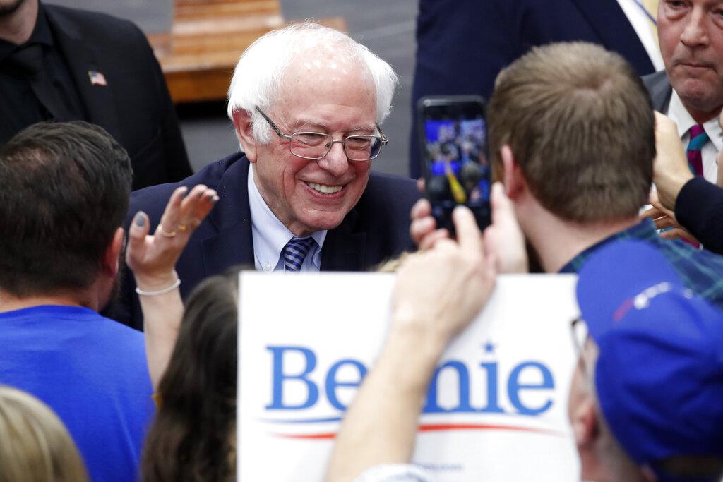 Democratic presidential candidate Sen. Bernie Sanders, I-Vt., greets supporters at a primary night election rally in Manchester, N.H., Tuesday, Feb. 11, 2020. (AP Photo / Pablo Martinez Monsivais)