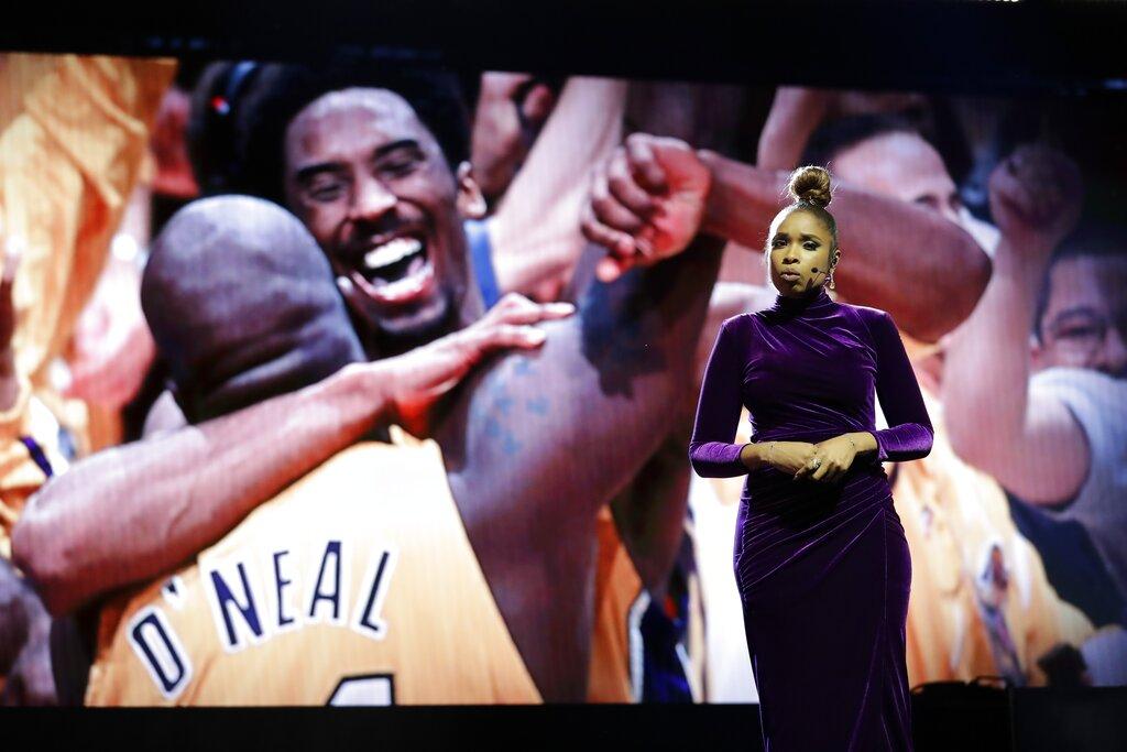 Jennifer Hudson sings a tribute to former NBA All-Star Kobe Bryant and his daughter Gianna, who were killed in a helicopter crash Jan. 26, before the NBA All-Star basketball game Sunday, Feb. 16, 2020, in Chicago. (AP Photo / Nam Huh)