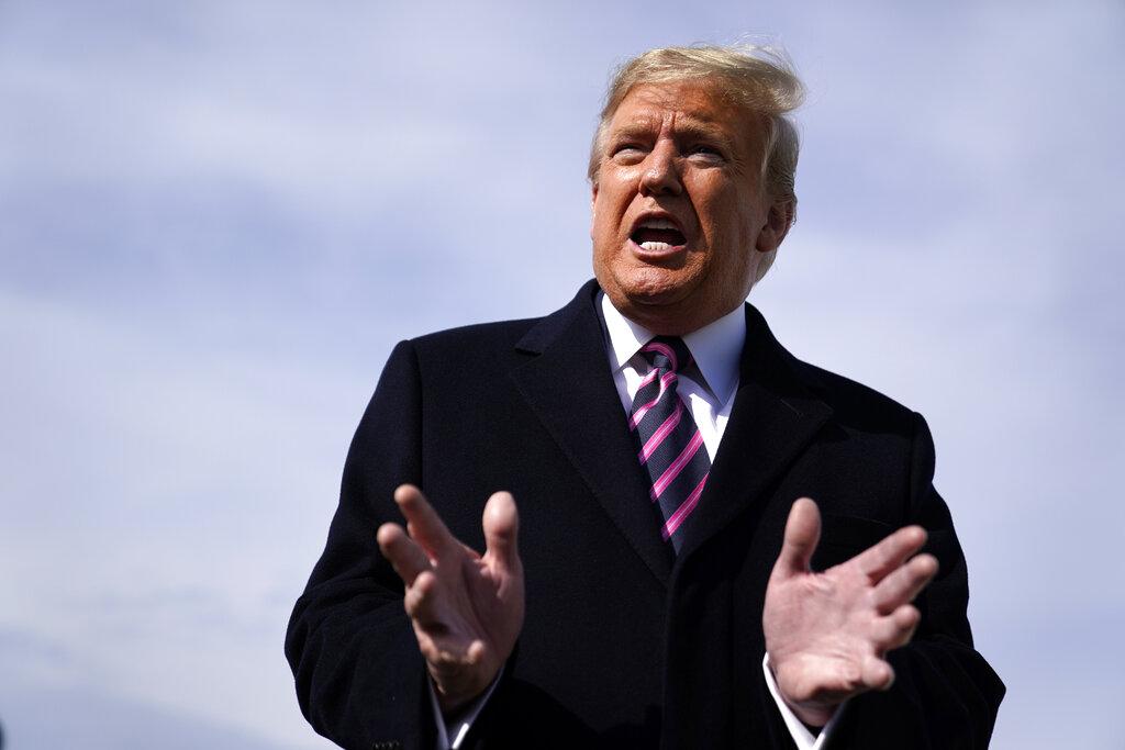 President Donald Trump talks to the media before he boards Air Force One for a trip to Los Angeles to attend a campaign fundraiser, Tuesday, Feb. 18, 2020, at Andrews Air Force Base, Md. (AP Photo / Evan Vucci)