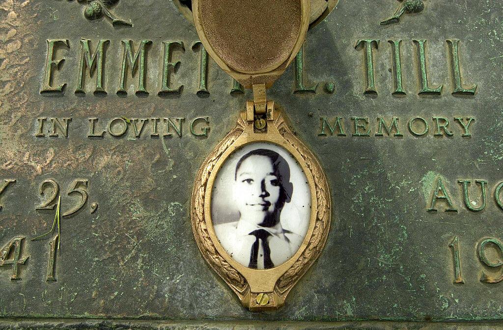This May 4, 2005, file photo shows Emmett Till’s photo on his grave marker in Alsip, Ill. (Robert A. Davis / Chicago Sun-Times via AP, File)