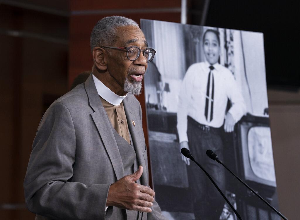 Rep. Bobby Rush, D-Ill., speaks during a news conference about the “Emmett Till Antilynching Act” which would designate lynching as a hate crime under federal law, on Capitol Hill in Washington, Wednesday, Feb. 26, 2020. Emmett Till, pictured at right, was a 14-year-old African-American who was lynched in Mississippi in 1955, after being accused of offending a white woman in her family's grocery store. (AP Photo / J. Scott Applewhite)