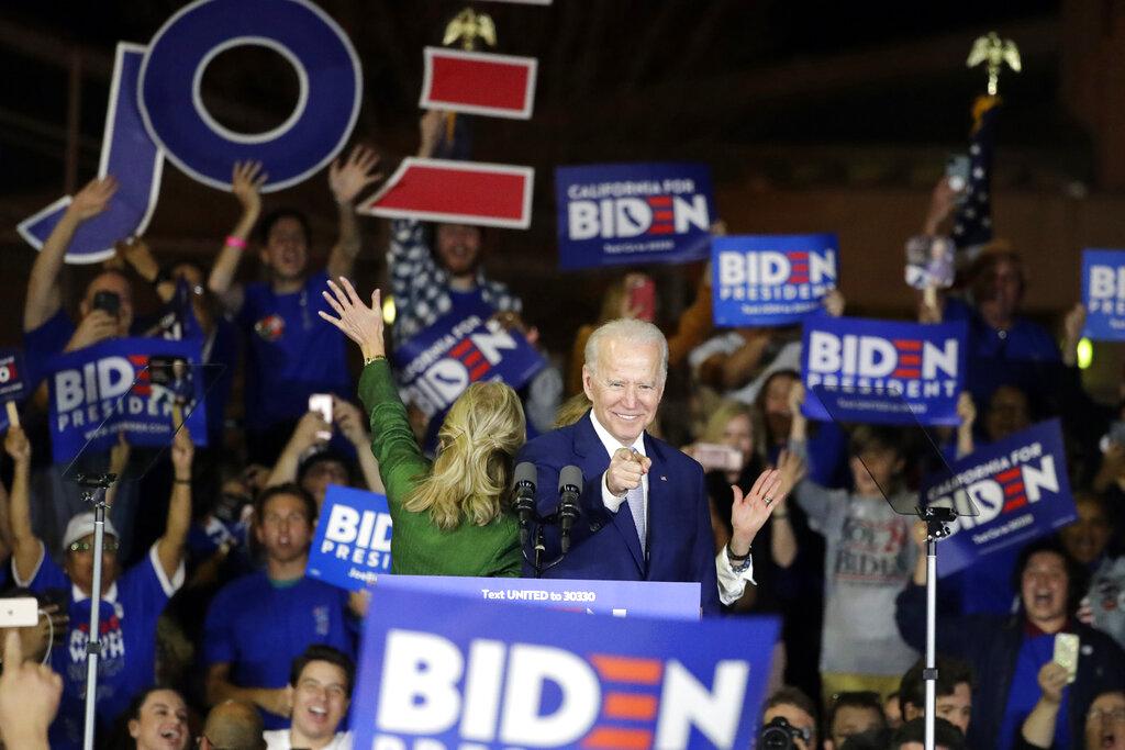 Democratic presidential candidate former Vice President Joe Biden speaks at a primary election night campaign rally Tuesday, March 3, 2020, in Los Angeles. (AP Photo/Chris Carlson)