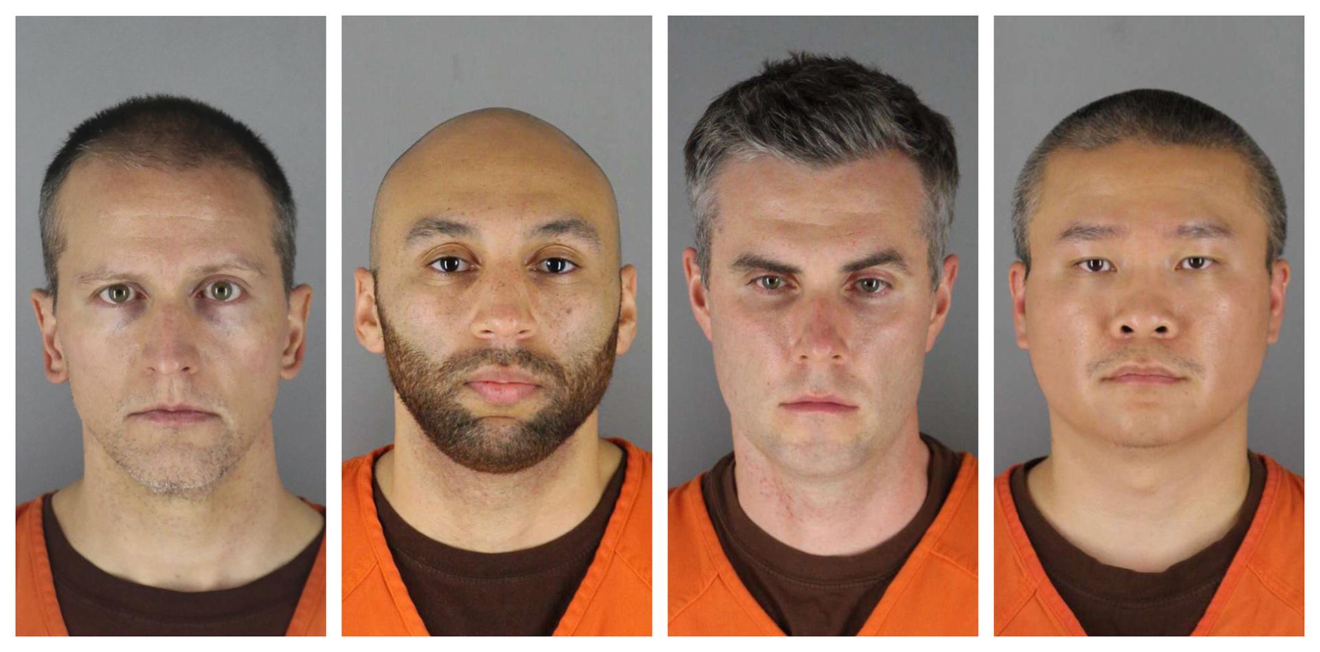 This combination of photos provided by the Hennepin County Sheriff's Office in Minnesota on Wednesday, June 3, 2020, shows Derek Chauvin, from left, J. Alexander Kueng, Thomas Lane and Tou Thao. (Hennepin County Sheriff’s Office via AP)