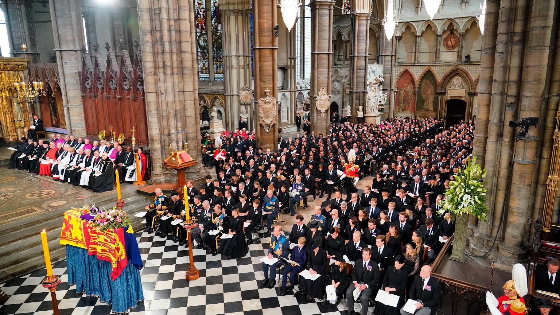 The funeral service of Queen Elizabeth II at Westminster Abbey in central London, Monday Sept. 19, 2022. The Queen, who died aged 96 on Sept. 8, will be buried at Windsor alongside her late husband, Prince Philip, who died last year. (Dominic Lipinski / Pool via AP)