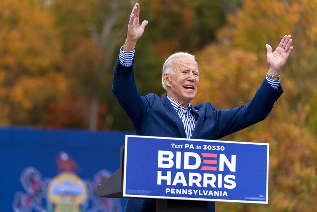Democratic presidential candidate former Vice President Joe Biden speaks at a drive-in campaign stop at Bucks County Community College in Bristol, Pa., Saturday, Oct. 24, 2020. (AP Photo / Andrew Harnik)