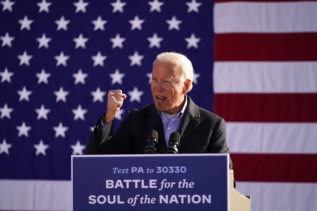 Democratic presidential candidate former Vice President Joe Biden speaks at a rally at Community College of Beaver County, Monday, Nov. 2, 2020, in Monaca, Pa. (AP Photo / Andrew Harnik)