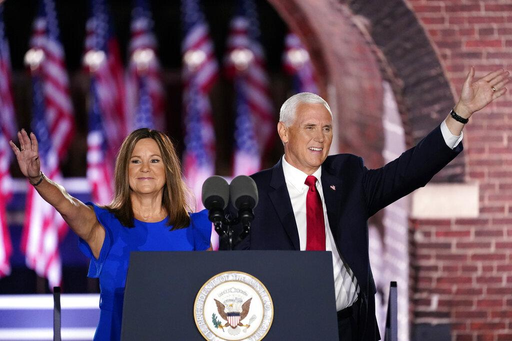 Vice President Mike Pence arrives with his wife Karen Pence to speak on the third day of the Republican National Convention at Fort McHenry National Monument and Historic Shrine in Baltimore, Wednesday, Aug. 26, 2020. (AP Photo / Andrew Harnik)