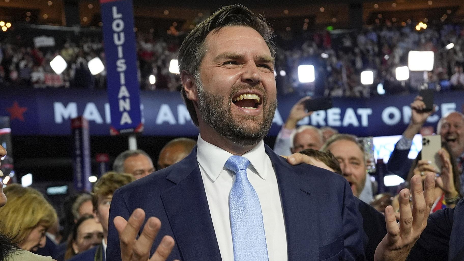 Republican vice presidential candidate Sen. JD Vance, R-Ohio, arrives on the floor during the first day of the 2024 Republican National Convention at the Fiserv Forum, Monday, July 15, 2024, in Milwaukee. (AP Photo / Carolyn Kaster)