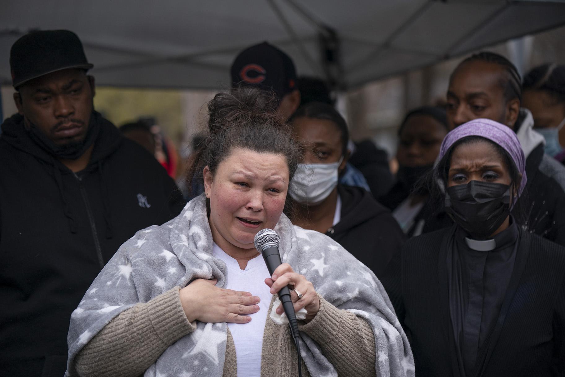 Daunte Wright’s mother, Katie, eulogizes her son at his vigil, Monday, April 12, 2021, as the community responded to the police killing of 20-year-old Wright, with hundreds joining his family at the location on 63 Ave. N. in Brooklyn Center, Minn., where he was killed. (Jeff Wheeler / Star Tribune via AP)